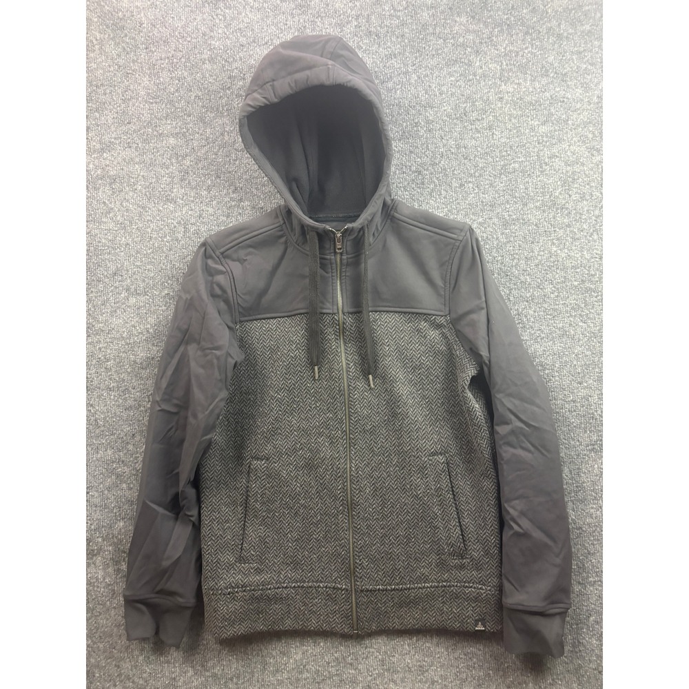 Prana ZION Full Zip Hoodie Mens S Small Grey Herringbone Softshell Jacket